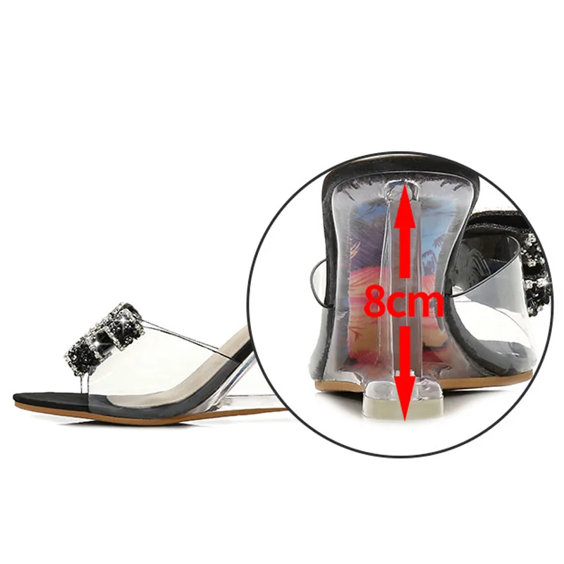 Новинка; женские босоножки на высоком каблуке; сандалии со стразами Для женщин летние сабо с открытым носком женский Стразы прозрачным каблуком на платформе, обувь без шнуровки AWS114