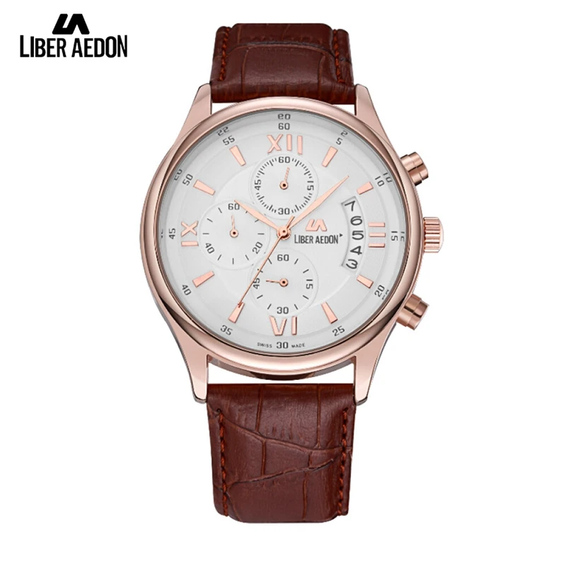 

Liber Aedon Fashion Men Watches White Dial with Date Display Leather Strap Male Quartz Waterproof Wristwatches Relogio Masculino