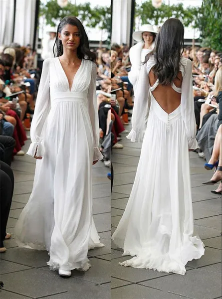 White Or Ivory Prom Dress With Chiffon Junoesque Floor Length Dresses Evening Wear Deep V-Neck Backless Party Gowns New Custom Made