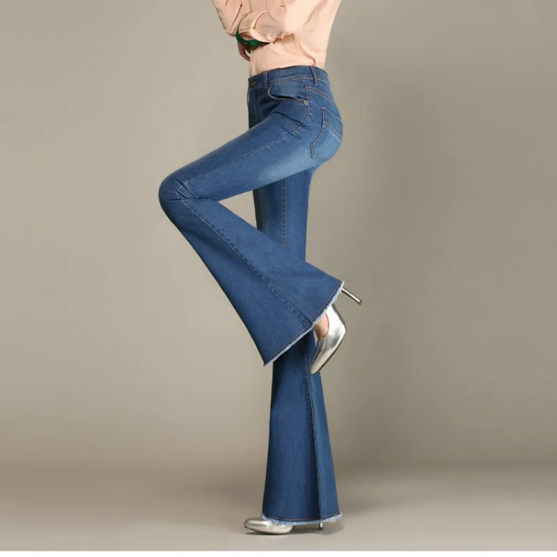 2018 новые модные весенние и осенние большие расклешенные брюки девушка-ковбой стрейч большие размеры 26-32 с высокой талией женские джинсы