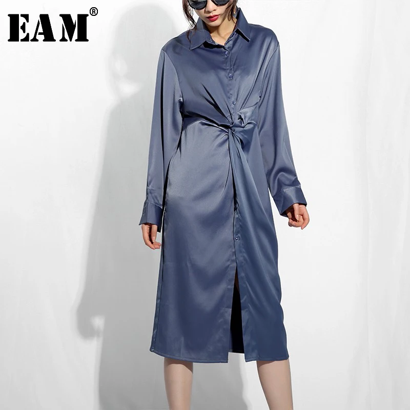

[EAM] 2019 New Autumn Winter Lapel Long Sleeve Blue Button Temperament Knot Spit Joint Shirt Dress Women Fashion Tide S95104