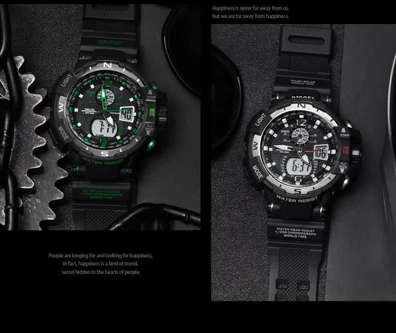 SMAEL Брендовые спортивные часы для мужчин, новые водонепроницаемые Модные Военные часы, мужские Роскошные Аналоговые кварцевые наручные часы с двойным дисплеем