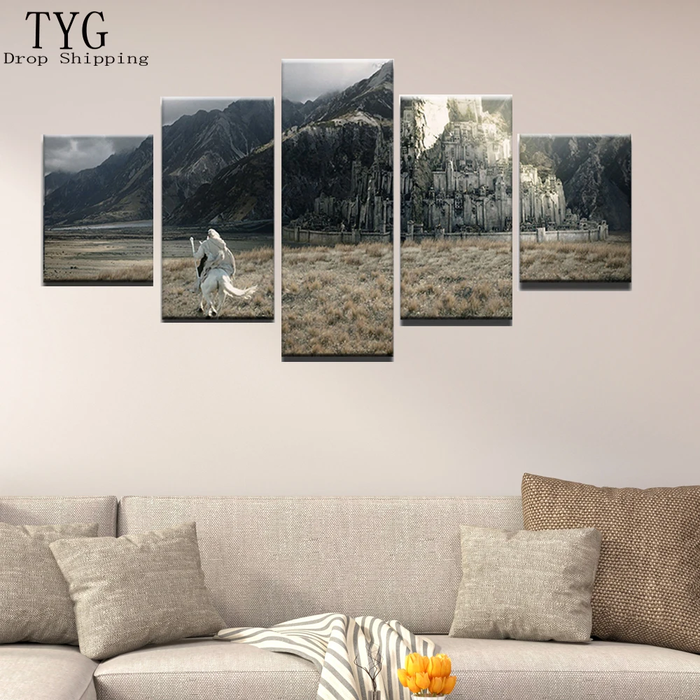 

Modern Paintings Wall Art Home Decor Canvas Picture 5 Panel Lord Of The Rings Frame Poster Movie Characters Castle Landscape TYG