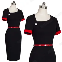 Retro Pure Black Formal Office Dress Women Irregular Neckline Short Turn-Down Sleeve Button Sashes Bodycon Midi Dress B350