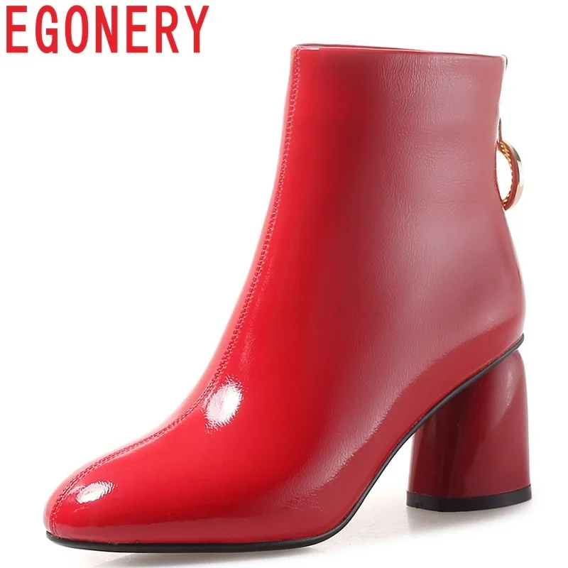 

EGONERY 2019 winter new fashion patent leather women shoes high square heel zipper round toe three colors large size ankle boots