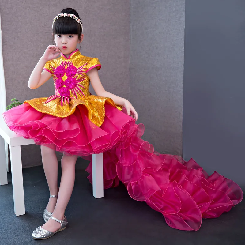 

Children Princess Girl Colorful Rainbow Chinese Dress Cheongsam Kids Baby Multilayer Tulle Party Dance Embroidery Sequins Qipao
