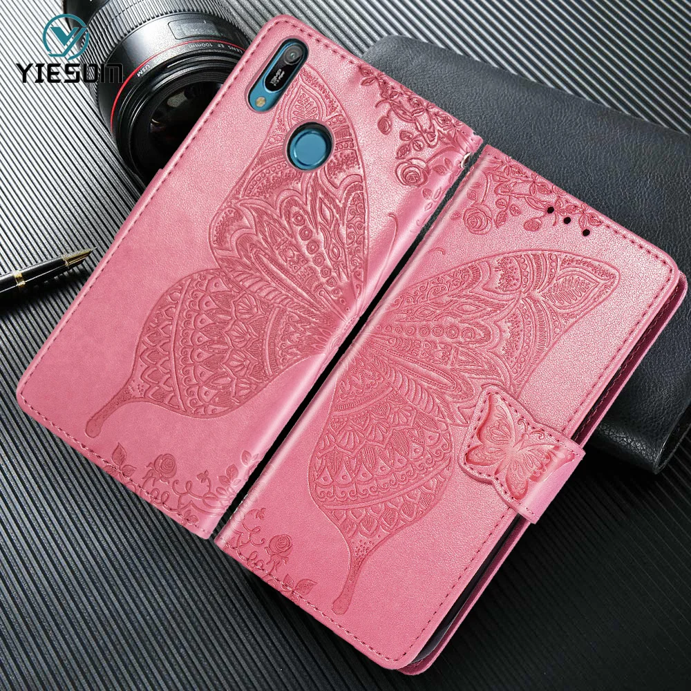 Кожаный чехол кошелек с бабочкой для Huawei Y5 Y6 Y7 Y9 2018 2019 книжка подставкой телефона