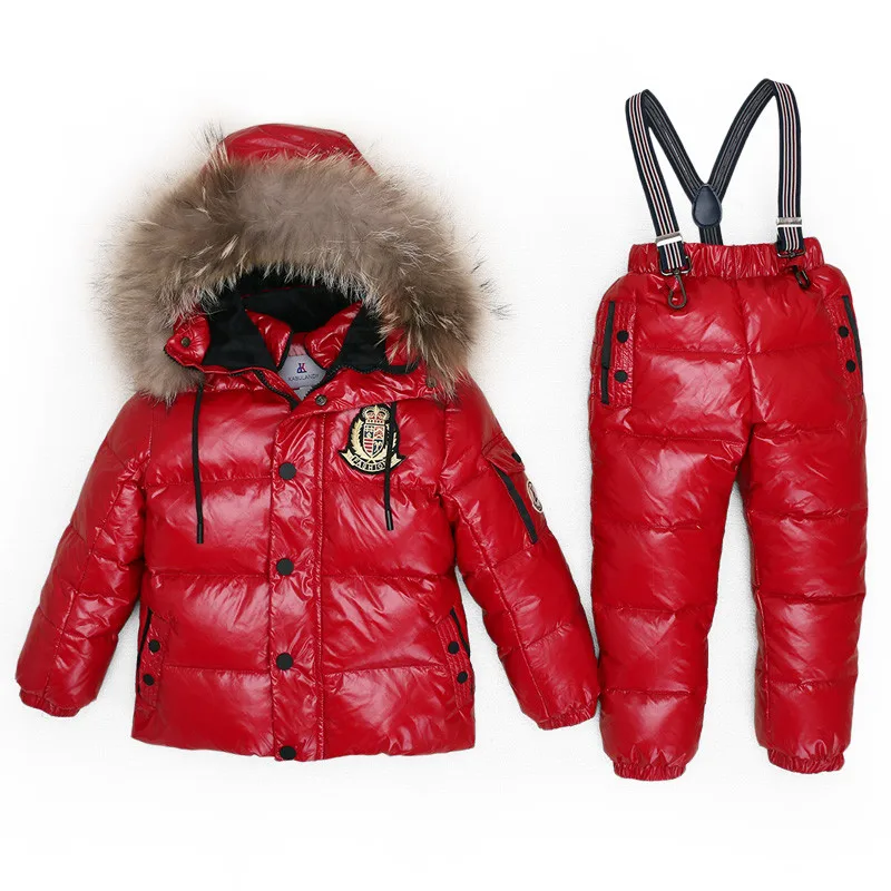 Очень теплые зимние костюмы для детей куртка-пуховик на утином пуху для мальчиков и девочек+ комбинезон комплект одежды из 2 предметов, теплая детская зимняя одежда Наивысшее качество - Цвет: shiny red