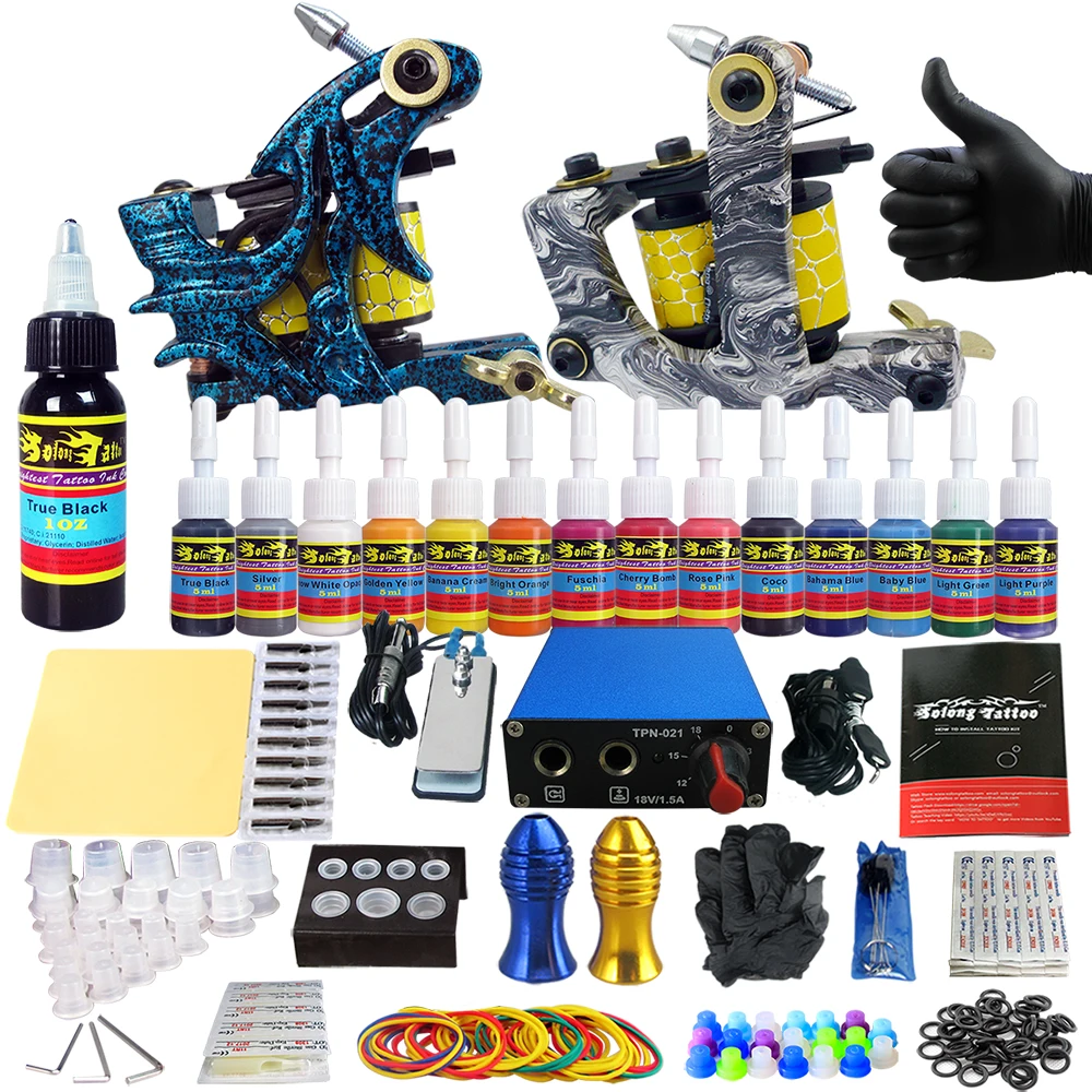 

Solong Tattoo Complete Starter Tattoo Kit 2 Tattoo machine Tips Ink Set TK203-7