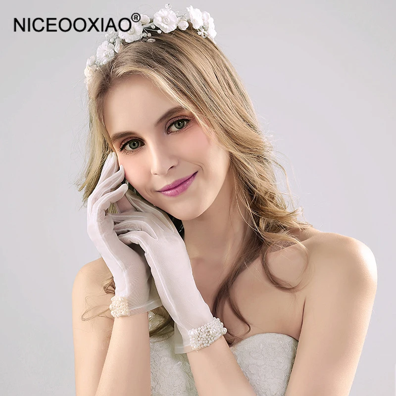 

NICEOOXIAO White Pearl Bridal Gloves Knit Finger Short Wedding Gloves High Quality Gloves Accesorios De Boda BNLF611-51