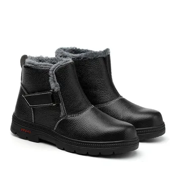 

new fashion men's large size black steel toe covers work safety warm plush shoes soft leather winter snow security fur boots man