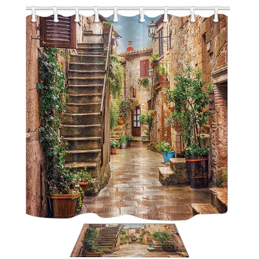 

Tuscan Decor Collection Landscape of Tuscany Mildew Resistant Polyester Fabric Shower Curtain Suit Flannel Floor Mat Bath Rugs