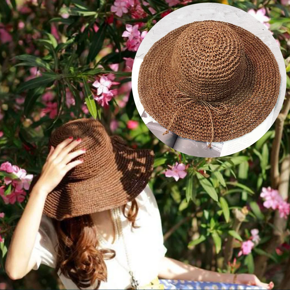 المرأة الأزياء المضادة للأشعة فوق البنفسجية واسعة حافة طوي القش جديلة الشمس الصيف تنفس شاطئ كاب الشمس سانكير Topee
