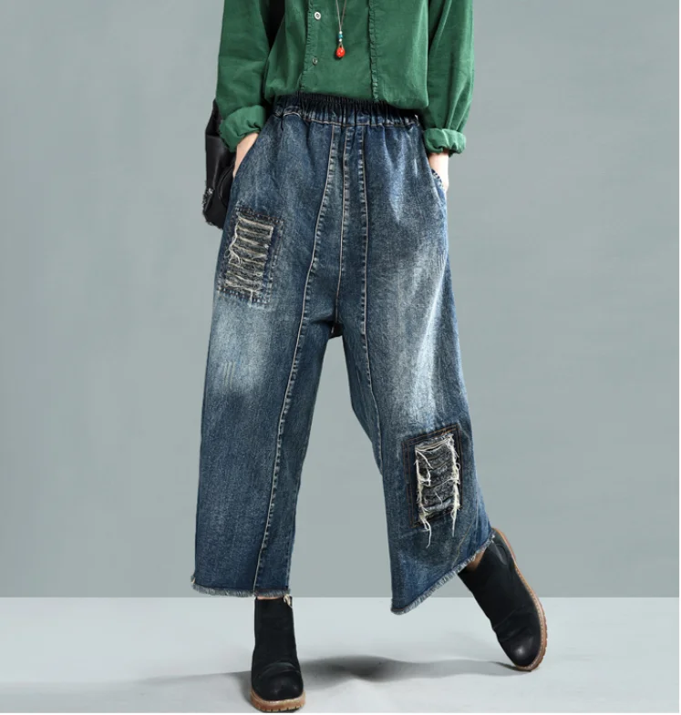 Men Jeans Pockets Stretch Loose Washed Men Denim Jeans