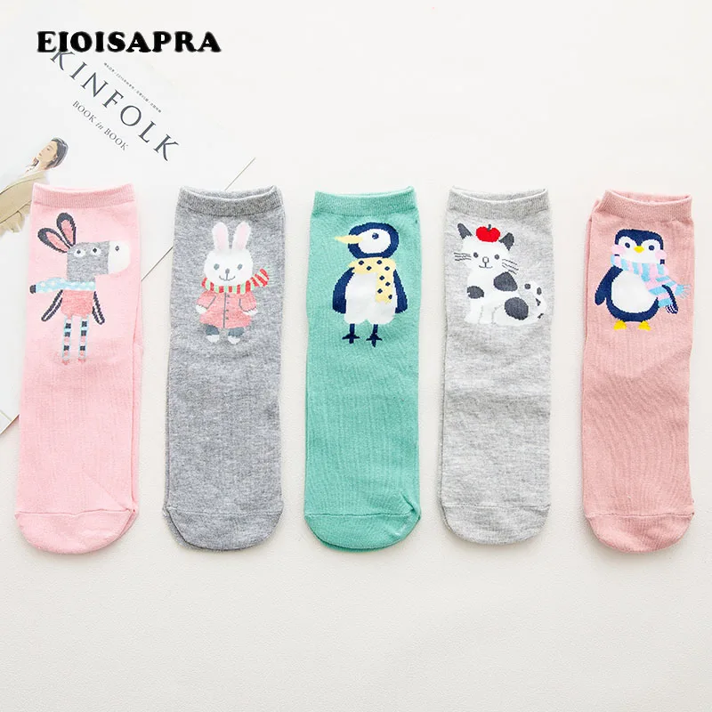 [EIOISAPRA] 5 пар/подарок, бренд, Мультяшные животные, кролик, пингвин, забавные женские носки, Корея, модные носки Harajuku