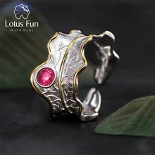 Lotus Fun реальные стерлингового серебра 925 натуральный турмалин Ручной Работы Дизайнера Ювелирные украшения регулируемый лист Кольца для Для женщин Bijoux