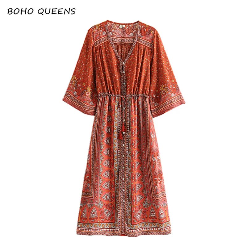 

Boho Chic women hippie floral print V-neck Bohemian maxi dress ladies Three quarter sleeve botton vintage dresses vestidos