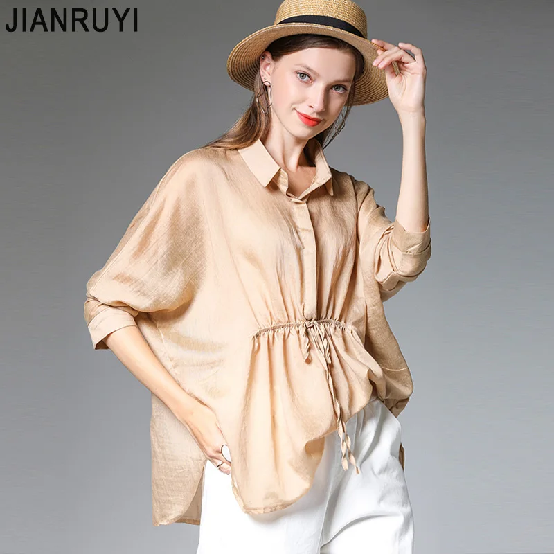 

Europe and the United States large size women's 2019 early autumn fat mm shirt loose cover meat long sleeves split fork Tencel s