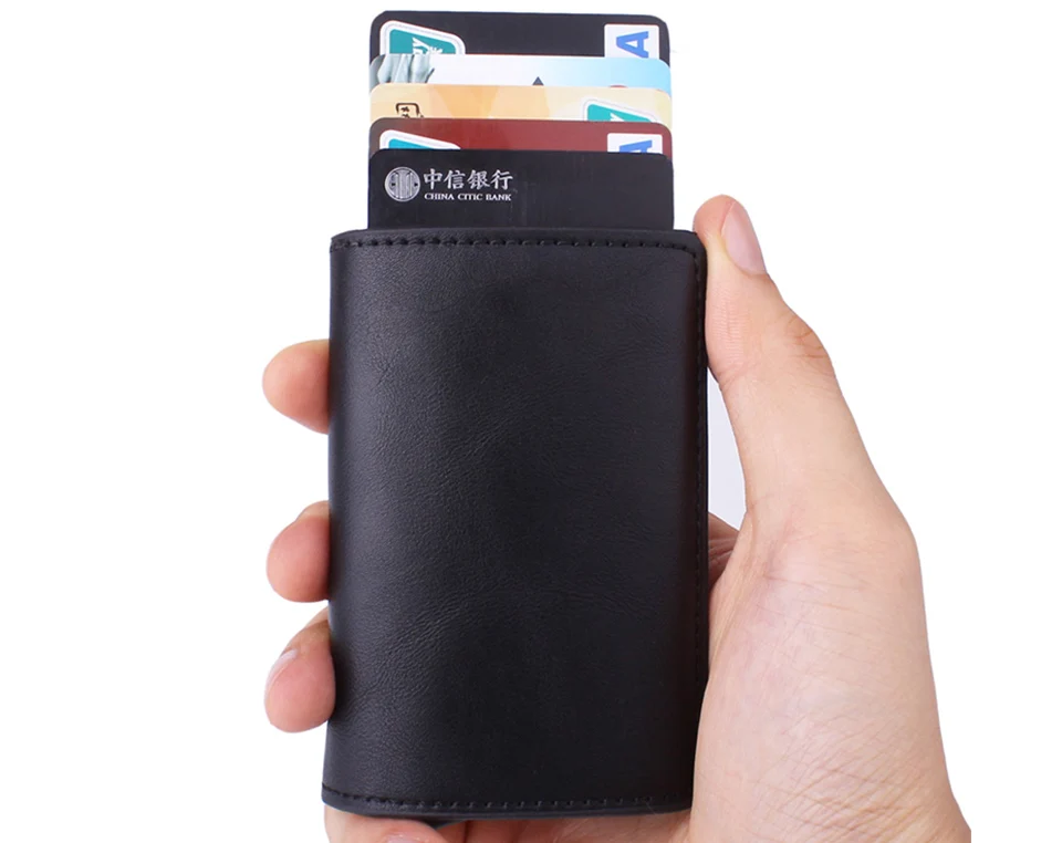 Тонкий кошелек для мужчин Автоматический всплывающий держатель для кредитных карт с идентификационным окном водители Лицензия MetroPass RFID Блокировка PU кожаный бумажник