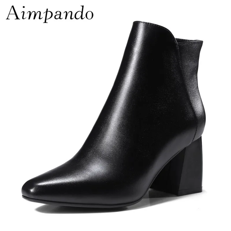 

Square Toe Runway Botas Mujer New Autumn Winter Black Leather 7cm Square Heel Side Zip Ankle Boots Women