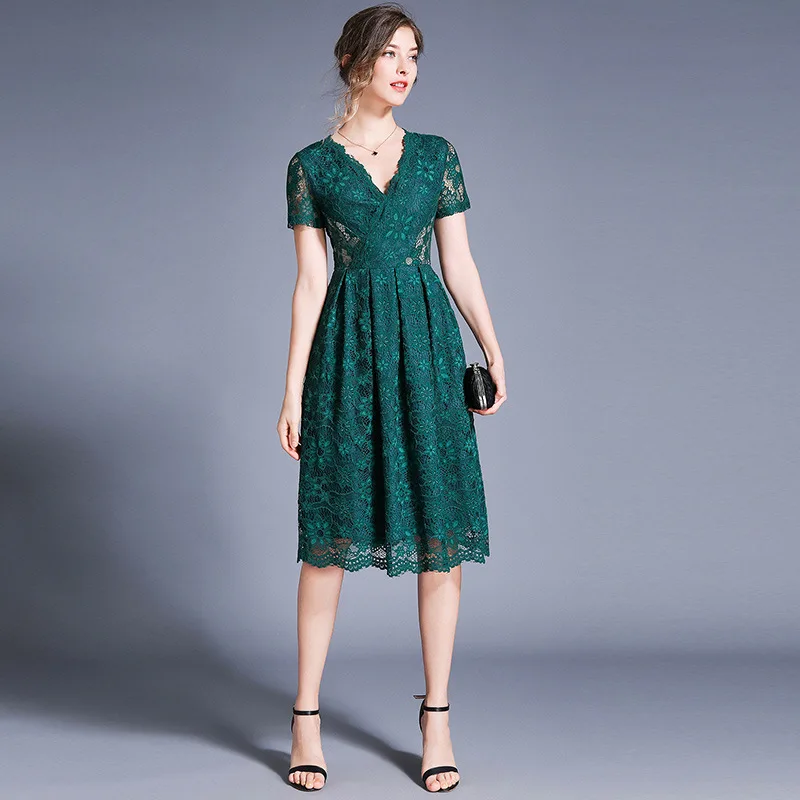 

S-2XL Green Dress 2019 Summer Dress Lace Dress High Waist A-line Women Dress Elegant Vestidos Robe Femme Ete