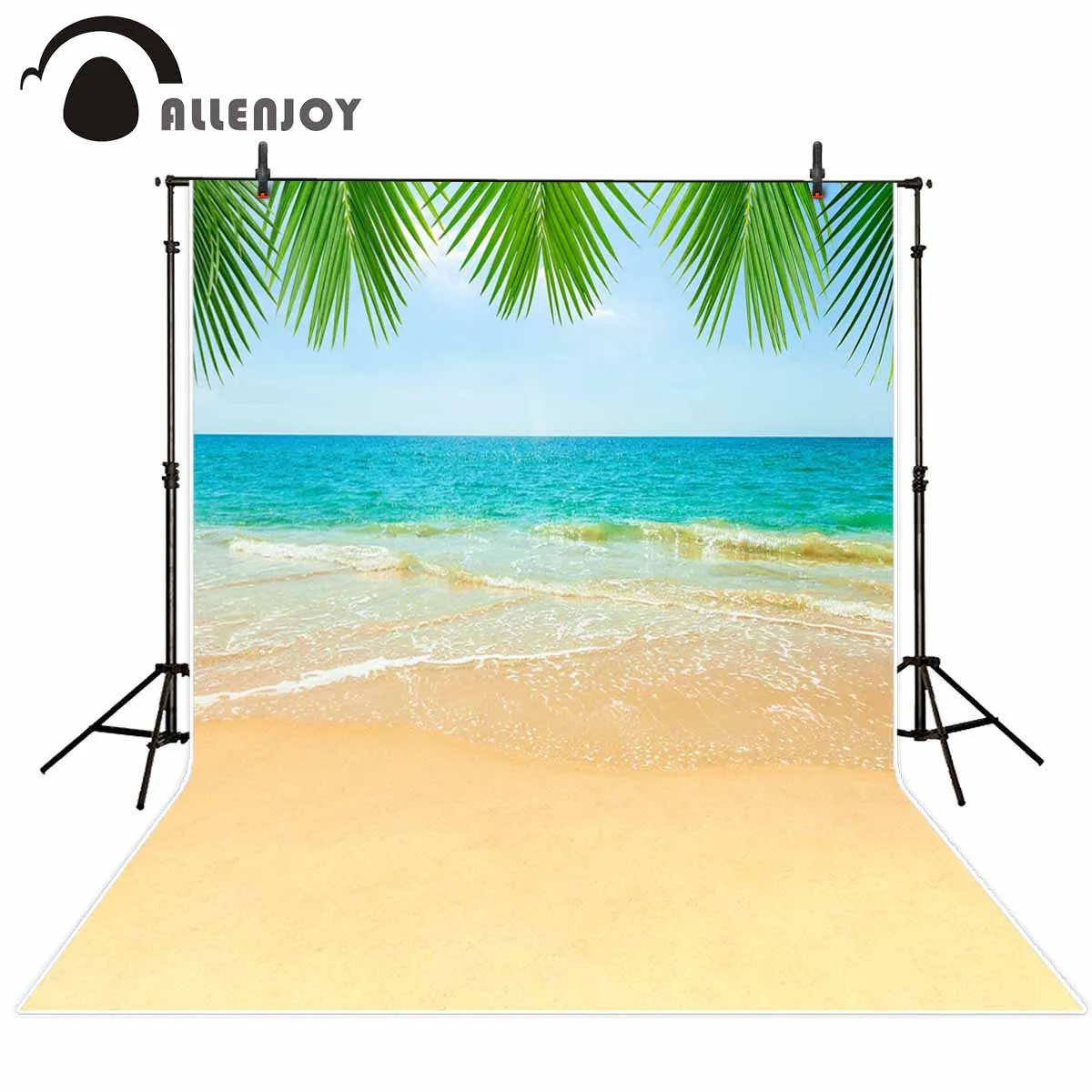 

Allenjoy backdrop for photographic studio Beach sand sea water surface waves tropical leaves background hot summer photocall