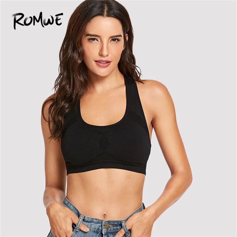 

Romwe Sport Black Racer Back Sports Bra Women Summer Scoop Neck Padded Fitness Top Gym Yoga Crop Running Sports Bra Sportswear