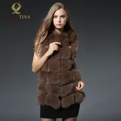 70 см коричневый натуральным лисьим мехом жилет 2018 зимние теплые пальто с мехом лисы Куртки для Для женщин без рукавов средней длины жилет
