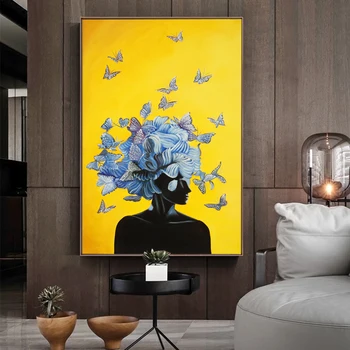 

WANGART Butterfly Woman Portrait Oil Painting Wall Picture for Living Room Bedroom Canvas Print Decorative Pictures Abstract