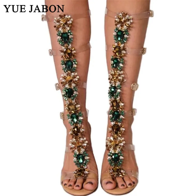 

Sexy Pvc Transparent Gladiator Sandals Woman Open Toe T-strap Rhinestone Diamond Clear High Heel Shoes Women Summer Long Boots