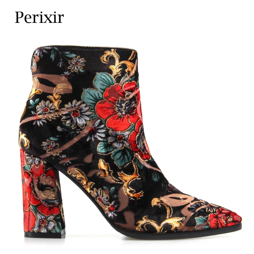 

Perixir Women Cotton Fabric Ankle Boots Pointed Toe Square High Heel 9 cm Winter Floral Short Ankle Boots Warm Fashion Trendy