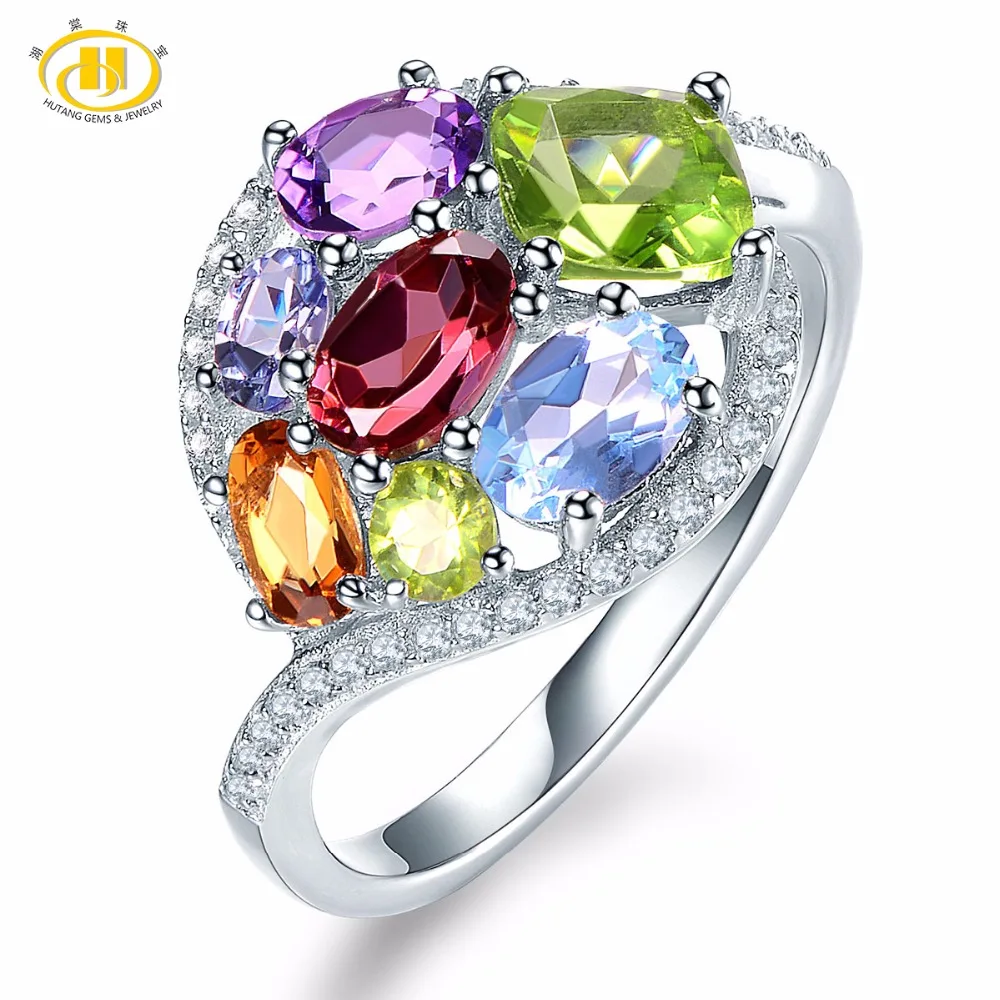 

Hutang Natural Multi Gemstone Amethyst Tanzanite Citrine Garnet Solid 925 Sterling Silver Ring Fine Jewelry presents Gift NEW