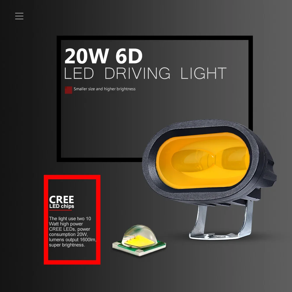 6D New 20W DC 12V 24V Car LED WorkLight Lamp Headlight Bar Offroad Boat Motorcycle SUV Night Driving Lighting Headlamp Fog Lens