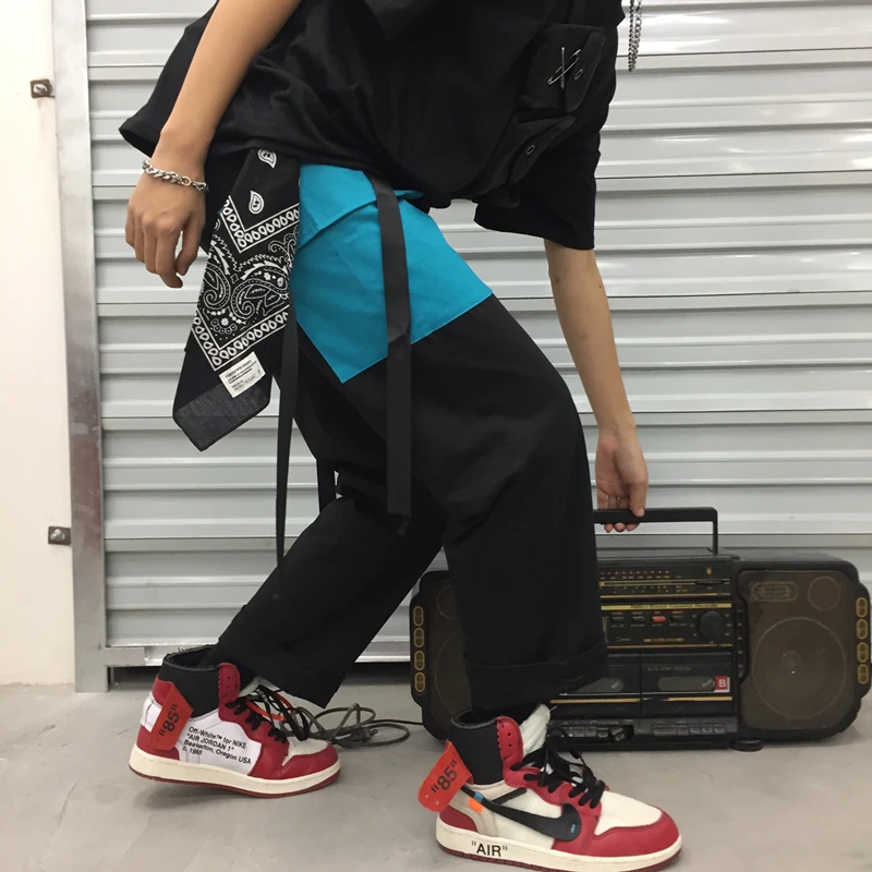 

Streetwear Color Block Contrast Cargo Pocket Belt Ribbon Loose Straight Hip Hop Harem Pant Korean Fashion Punk Trouser Harajuku