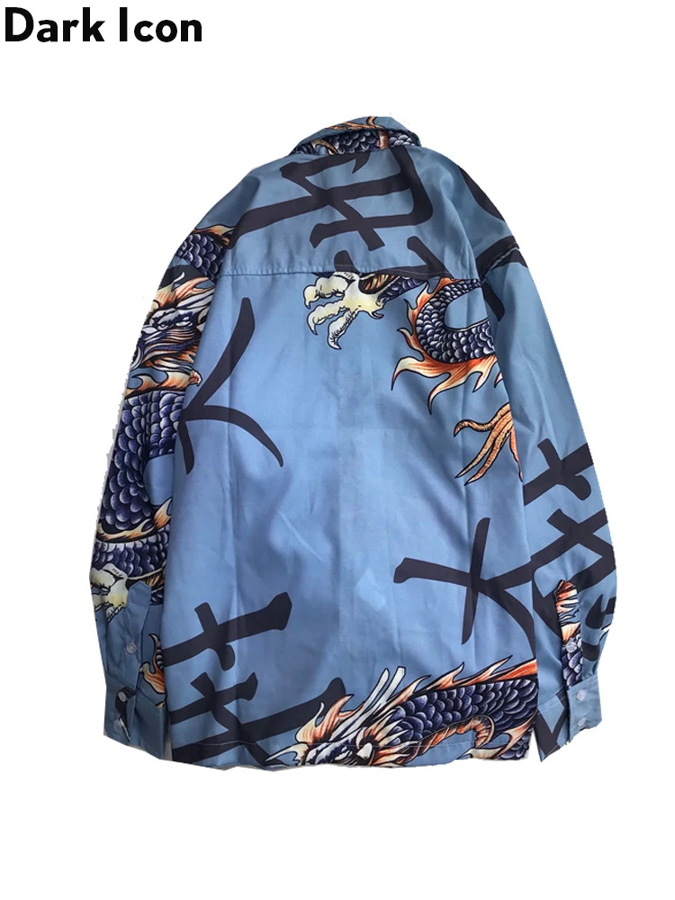 Dark Icon Dragon Printed Chinest Stylish Long Sleeved Shirt 2019 Spring Hip Hop Shirt Men Turn-down Collar Men's Shirts