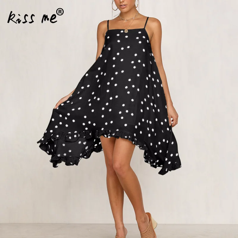 

Chiffon Flounce Irregular Large Hem Beach Dress Slip Dress Cute Short Dress Girl Summer Holiday Wear Dot Printed Backless Robe