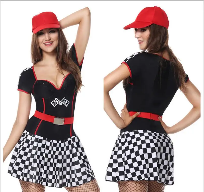 Halloween Grid Car Racing Costume Sexy Women short Sleeve Jumpsuit
