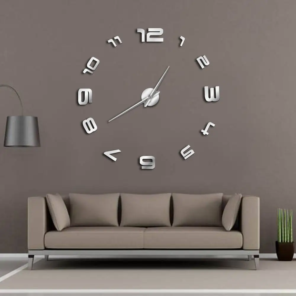 

3D Arabic Numerals Big Wall Clock Modern Design Large Frameless Wall Watch Decorative Clock Mirror Effect Living Room Wall Decor