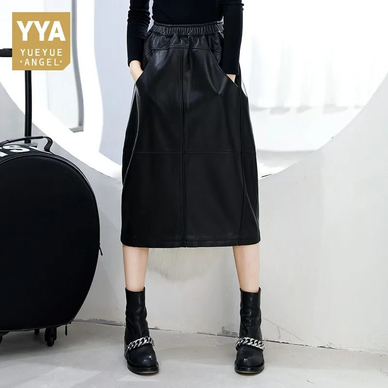 

2019 Winter Autumn Black Genuine Leather Mid Long Skirts Elastic Waist A-Line Lantern Sheepskin Skirt Big Pockets Faldas Mujer