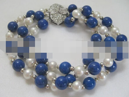 

Hot sell ->@@ > 00958 3 row lapis lazuli and white freshwater pearl bracelet -Top quality free shipping