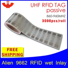 UHF RFID наклейка Alien 9662 EPC6C влажная инкрустация 915mhz868mhz860-960MHZ Higgs3 3000 шт клей пассивный RFID этикетка