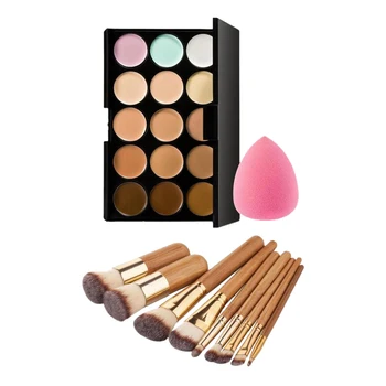 

9Pcs Bamboo Face Foundation Powder Cream Blush Makeup Brush Set + 15 Colors Contour Concealer Palette Kit