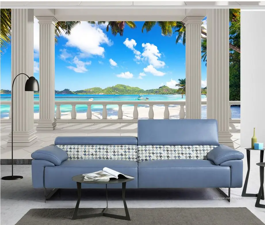 3d Nature Fonds D Ecran Balcon Plage Arbre Vue Mer Murale 3d