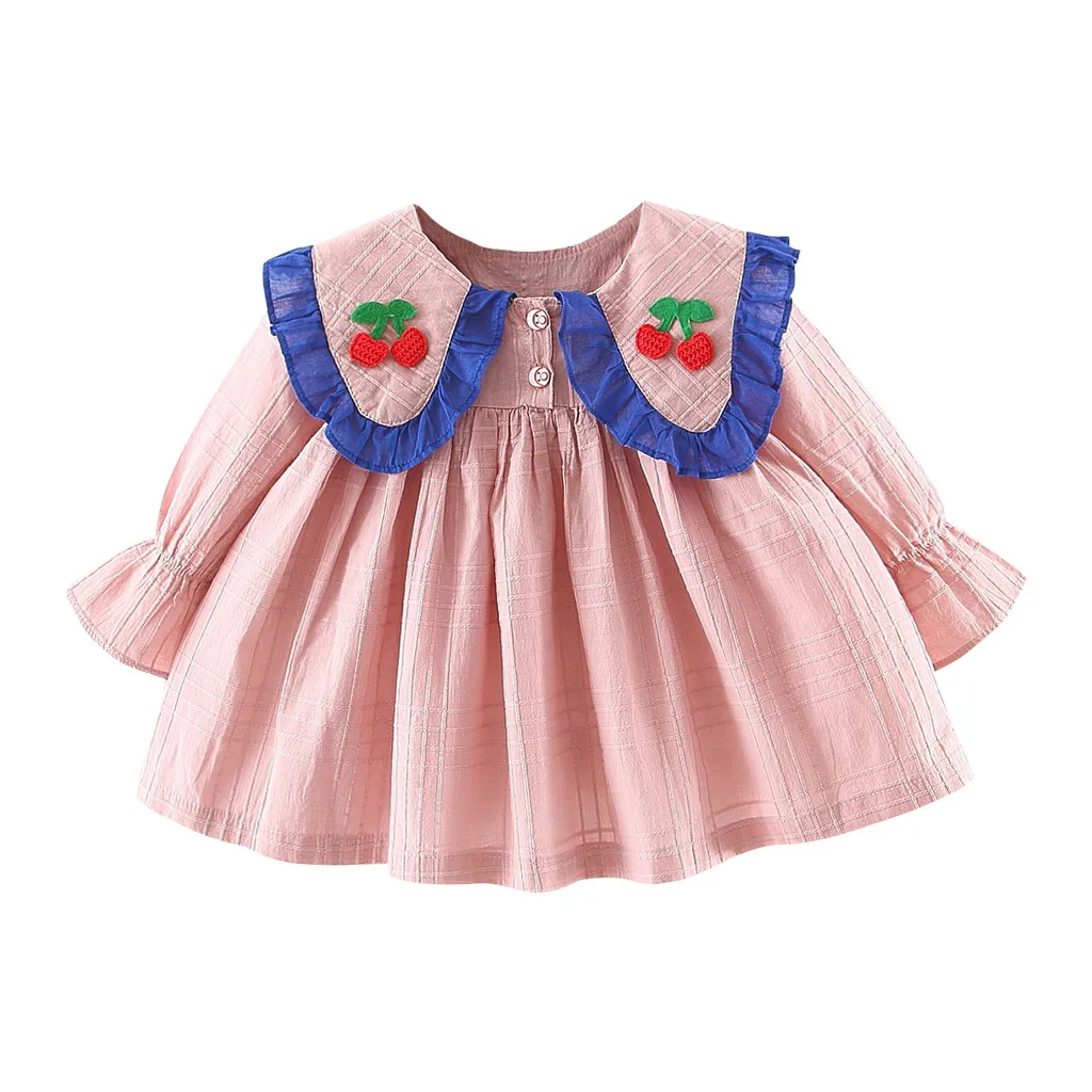 Toddler Baby Kids Girls Ruched Cherry Doll Collar Dresses Casual Clothes