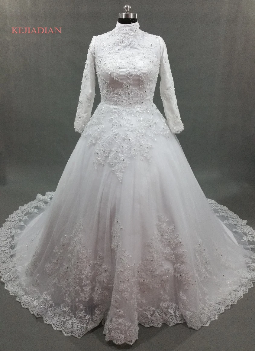high neck Wedding Dress Vintage Muslim Plus Size chapel train 2019