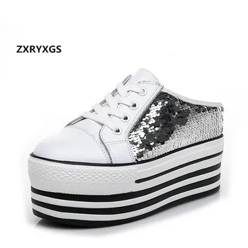 

2019 New Summer Sandals Thick Bottom Platform Shoes Woman Slippers Cowhide Sequins Baotou Women Slippers Summer Shoes Sandals