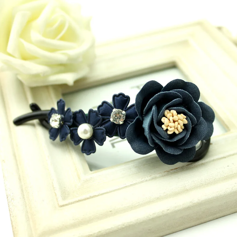 Navy blue Корейские модные тканевые Цветочные заколки для волос, элегантные Стразы для взрослых, заколки для волос в виде банана, головные уборы для женщин и девушек, аксессуары для волос - Окраска металла: Navy blue