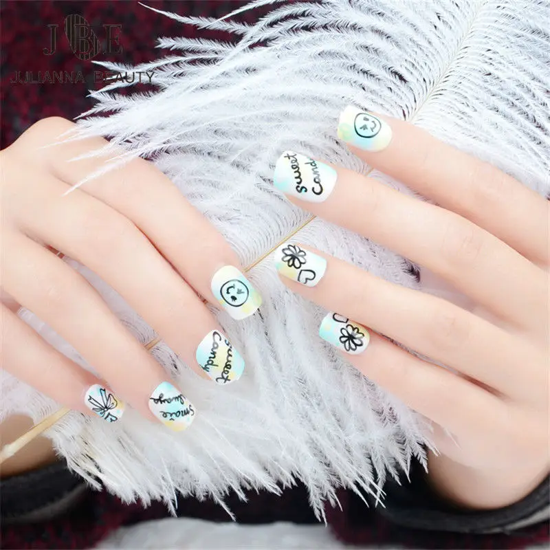 

24pcs/set Children Acrylic Full Cover Nail Tip False Nail Art With Glue Color Printing Smile Face Fake Nail Tips Fingernails New