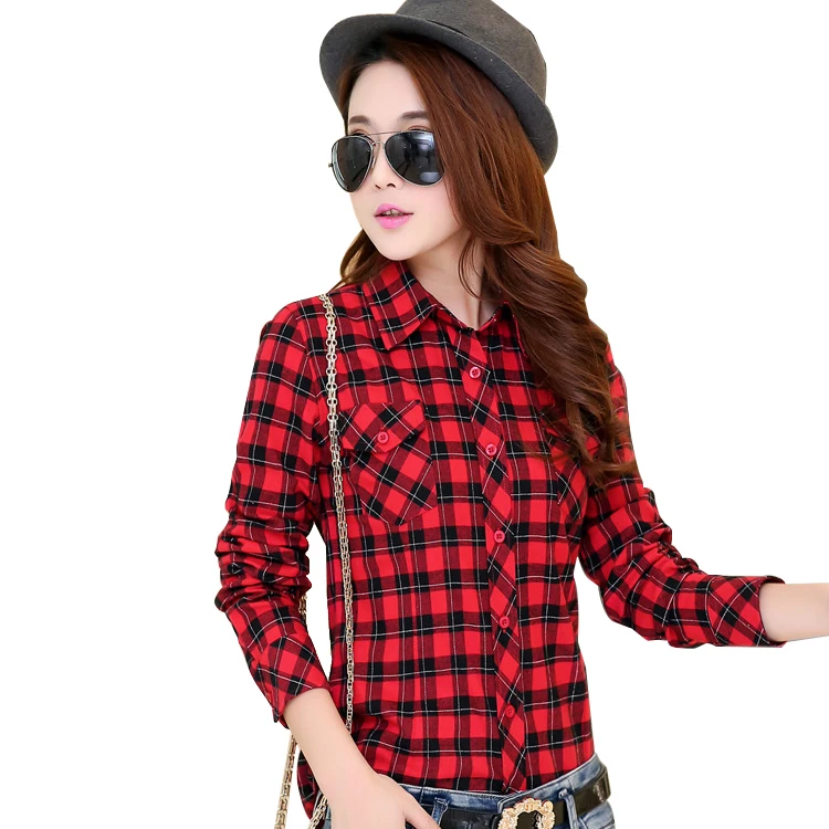 

2016 Hot New Fashion Plus Size Blouses 100% Cotton Flannel Plaid Shirt Women Long Sleeve Casual Shirt Girl's Red Tops 21 Colors