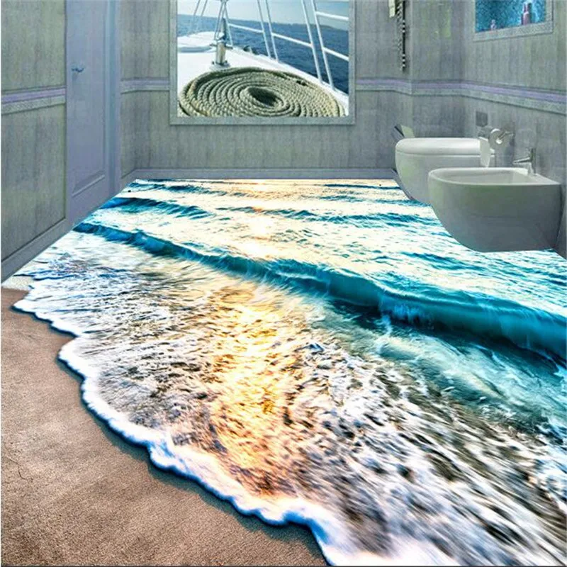 

wellyu Custom 3D modern fresco floor beach sea water ripples non-slip waterproof self-adhesive PVC flooring roll wallpaper